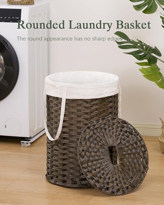Laundry Hamper with Lid, 19.0 Gal (72 L) Round Wicker Laundry Basket, Handwoven Rattan Basket with Lid, Removable Bag, 2 Mesh Bags, Handles for Living Room, Bathroom, Brown