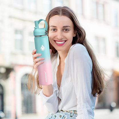 SENDESTAR Water Bottle 32oz Double Wall Vacuum Insulated Leak Proof Stainless Steel Sports Water Bottle—Wide Mouth with New Flex Straw Lid & Spout Lid (Bubble Gum)