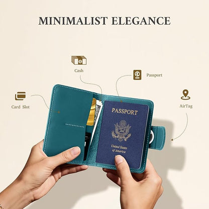 ALLIVE Rfid Passport Holder for Travel, Women & Men, Passport Cover Wallet with AirTag Hidden, Genuine Leather Passport Holder Essential for Business Travel, Airport Security (Lake Blue)