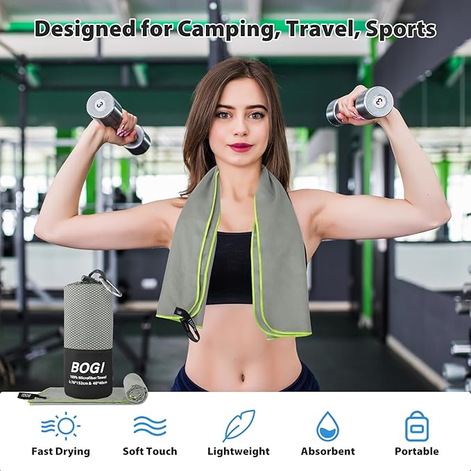 BOGI Microfiber Travel Sports Towel-Quick Dry, Soft Lightweight, Absorbent, Compact for Camping, Gym, Yoga, Swimming, Backpacking (XL:72''x32''+16''x16''-Grey)