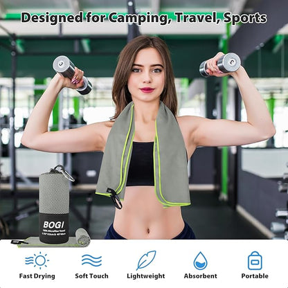 BOGI Microfiber Travel Sports Towel-Quick Dry, Soft Lightweight, Absorbent, Compact for Camping, Gym, Yoga, Swimming, Backpacking (XL:72''x32''+16''x16''-Grey)