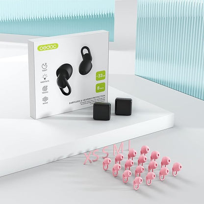 Silicone Reusable Soft Comfortable Earplugs for Sleeping, Flights & Noise Sensitivity - 16 Ear Tips in XS/S/M/L, with 2 Travel Boxes - 33dB Noise Cancelling (Pink)
