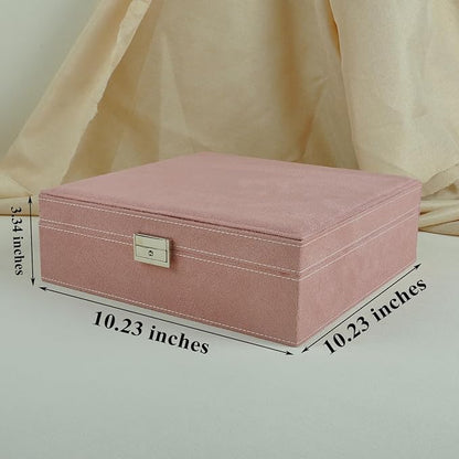 Jewelry Boxes 10 x 10 Inches 2-layer Handle Necklace Holder Organizer Jewellery Women Rings Storage Display Girls Earrings Case Lockable Jewelry Tray GY641 (Pink)