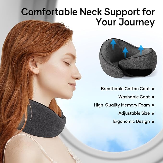 NOCRLG Travel Pillow, Travel Neck Pillow for Airplanes Car, 100% Pure Memory Foam Travel Pillow, Sleeping Essentials for Long Flight 360° Head Support Degree Comfort and Breathability (Dark Grey)