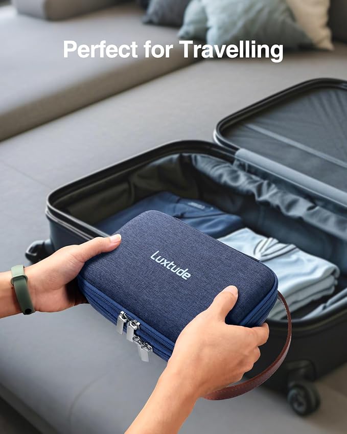 Luxtude Electronic Organizer Travel Case, Double Layer Tech Organizer, Hard Charger Bag, Tech Bag, Travel Essentials for Charger/Mouse/Cash/Card, Blue