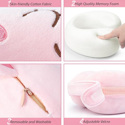 Car Pillow for Big Kids Travel Neck Pillows, Foam Neck Support Travelling Pillow with Washable Cotton Pillowcases and Storage Bag, for Airplane, Train, Flight and Home Use Unicorn Pink