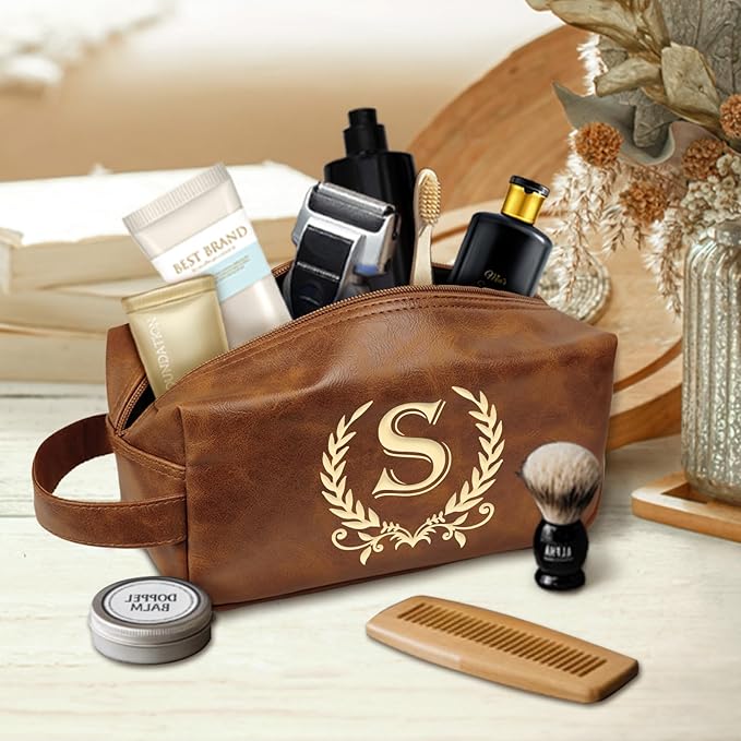 Engraved Travel Toiletry Bag Leather Waterproof Kit, Shaving Bag for Toiletries Accessories, Travel Wash Bag for Him(S)