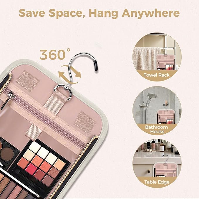 Hanging Toiletry Bag & Makeup Bag for Women with Jewelry Organizer - TSA Approved Large Capacity Travel Cosmetic Organizer, Waterproof Shower Essentials Case with Transparent Pockets, Beige