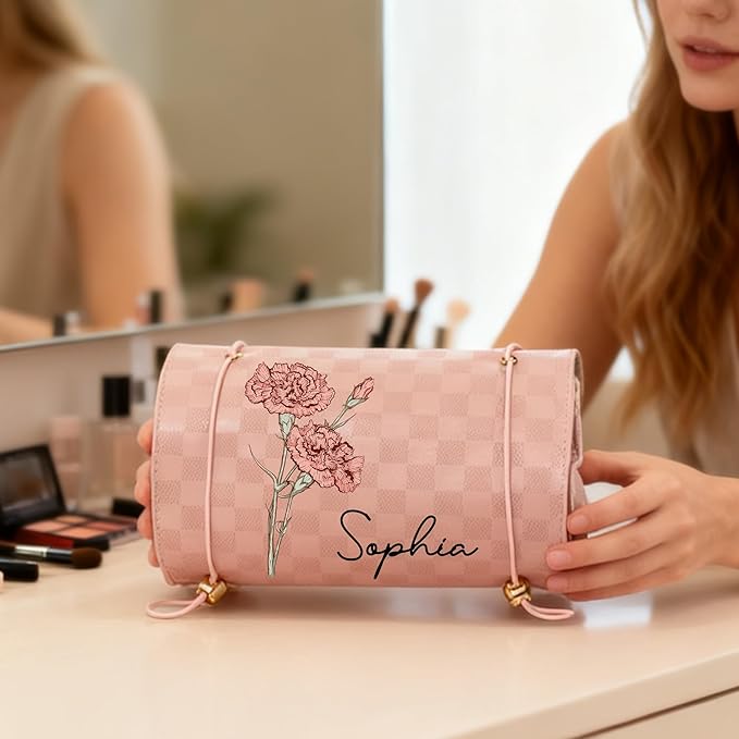 callie Personalized Makeup Bag - Custom Name & Birth Flower, Leather Cosmetic Organizer Make Up Bag, Birthday Christmas Travel Gifts for Women