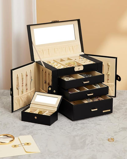 Homde 2 IN 1 Jewelry Box for Women Girls with Small Travel Case Mirror Necklace Ring Earrings Organizer - Christmas Gifts (Black + Gold)