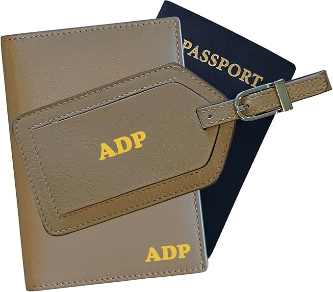Personalized Monogrammed Taupe Leather RFID Passport Wallet and Luggage Tag