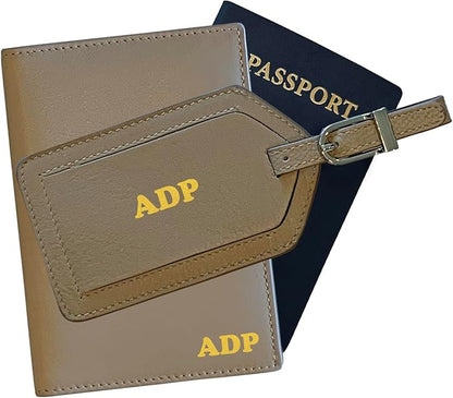 Personalized Monogrammed Taupe Leather RFID Passport Wallet and Luggage Tag