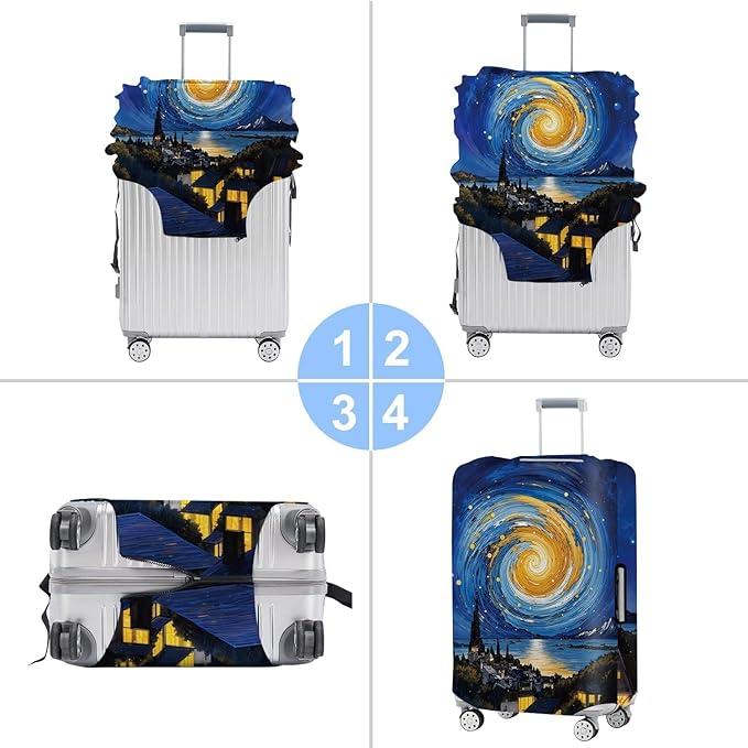 Art Print Travel Suitcase Cover – Starry Night Style Waterproof Luggage Cover and Stretchable Suitcase Protector for Checked Bags,Fits 28"-30" Luggage,L