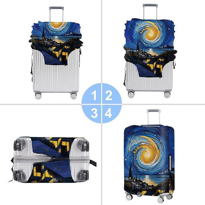 Art Print Travel Suitcase Cover – Starry Night Style Waterproof Luggage Cover and Stretchable Suitcase Protector for Checked Bags,Fits 28"-30" Luggage,L