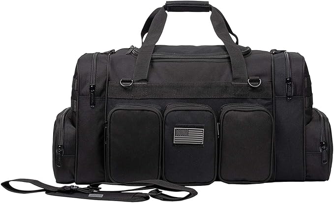 K-Cliffs Heavy Duty Tactical Range Duffel Quality Gear Travel Sports Gym Equipment Bag Military Molle Lockable Zippers with US Flag Patch 27 Inch Black