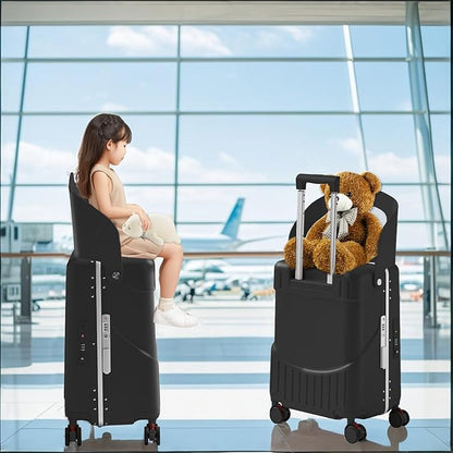 20 Inch Ride on Luggage With Seat For Kids&Adults,with Front Pocket, Foldable Seat Back TSA Approved Lock, 360° Spinner Wheels (20 inch,Black)