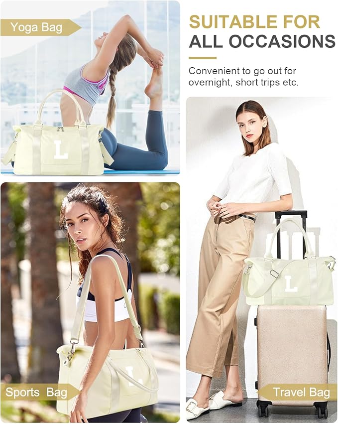 Initial Travel Duffel Bag Sports Gym Bag for Kids Teen Birthday Gifts,Beige Personalized Weekender Bag Carry On Dance Bags for Women Men,Waterproof Monogram Overnight Bag with Trolley Sleeve(Letter L)