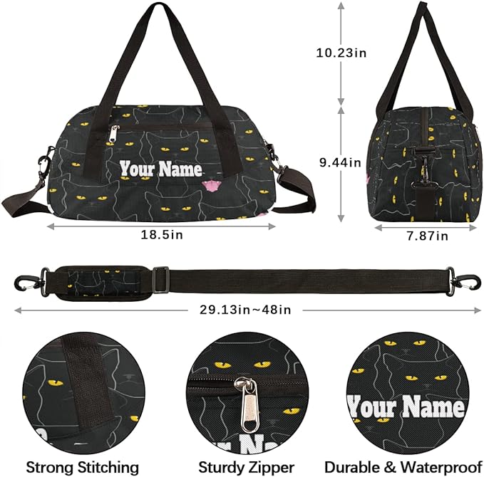 AUUXVA Custom Black Cat Animal Pattern Personalized Text Gym Duffle Bag for Kids, Sports Bag for Teens Boys & Girls, Small Waterproof Overnight Weekender Carry Practice Travel Bag