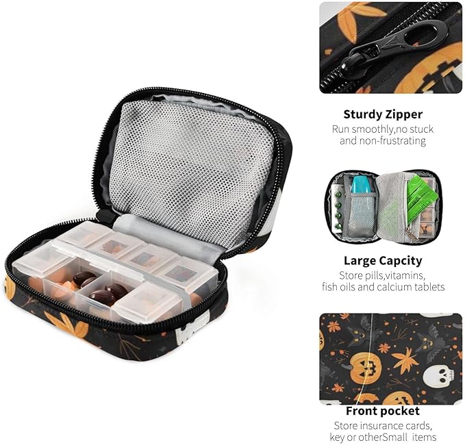 Pill Organizer Box Case Weekly Travel Pill Container Holder 7Day Cute Vitamin Organizer Dispenser Sorter Planner Storage Small Compact Halloween Skull and Pumpkin Black Cats16