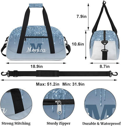 Personalized Kids Sports Duffel Bag with Name Custom Weekender Overnight Bag for Boys Girls Gym Bag Travel Dance Gymnastics Duffel Bag, Cyan Glitter