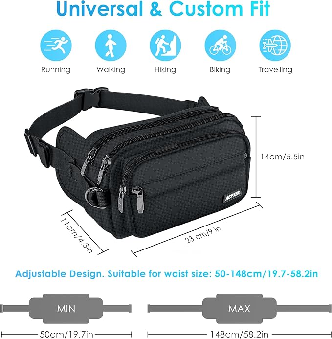 AGPTEK Fanny Pack for Women Men, RFID Large Capacity Waist Wallet Bag, Adjustable & Waterproof Bum Belt Pouch for Travel, Running, Shopping, Hiking, Dog Walking, Cycling, Climbing