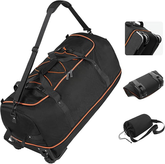Vomgomfom Wheeled Collapsible Duffel Bag,110L-140L Expandable Checked Luggage, No-Telescopic-Handle with Anti-Burst Zipper & Reinforced Frame,Black-orange
