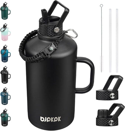 BJPKPK 1 Gallon Water Bottle Insulated with Straw Lid, 50oz, 64oz, 87oz, 128oz Large, Stainless Steel Water Bottles with 3 Lids and Paracord Strap, Double Wall Vacuum Metal Water Jug,Black