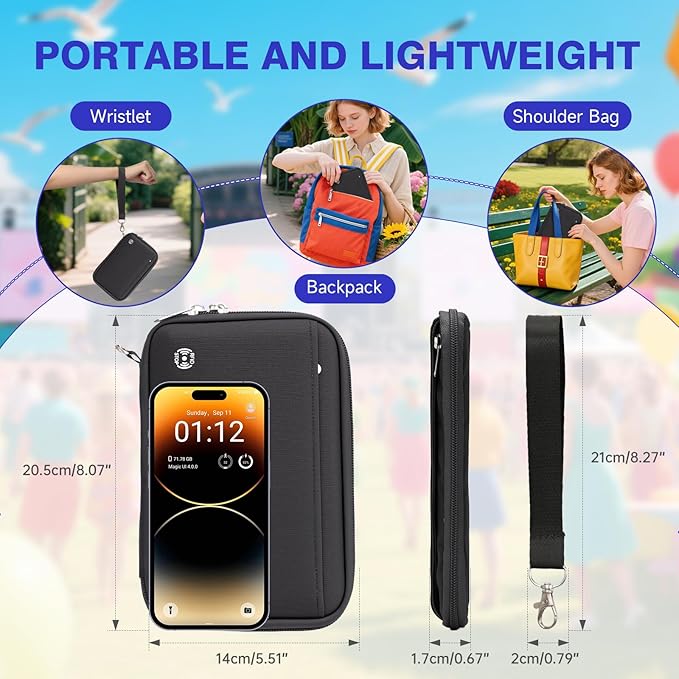 WALNEW Passport Holder for Travel Family, RFID-Blocking Travel Wallet Holder for 6 Passports, Water Resistant Bag Document Organizer for Cards, Cash, Boarding Passes, Tickets (Black)