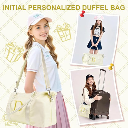 Personalized Initial Gym Dance Bag, Travel Duffel Bag for Teen Girls, Carry On Bag Overnight Weekender Bag with Trolley Sleeve, Birthday Gifts for Women Mom Daughter Graduation Gift(Letter D, Beige)