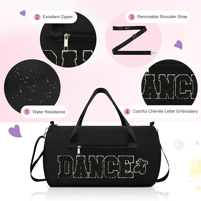 Dance Bag for Girls, KUIRAN 23L Waterproof Travel Duffel Bag with Colorful Chenille Letter, Lightweight Small Gym Sport Ballet Weekender Bag with Large Main Compartment - Black/Gold