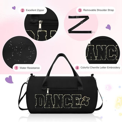 Dance Bag for Girls, KUIRAN 23L Waterproof Travel Duffel Bag with Colorful Chenille Letter, Lightweight Small Gym Sport Ballet Weekender Bag with Large Main Compartment - Black/Gold