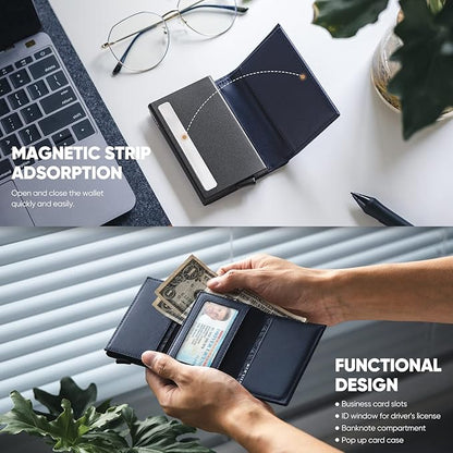 VULKIT Pop up Wallet Minimalist Cash Wallets RFID Blocking Leather Smart Credit Card Holder with Magnetic Closure for Men