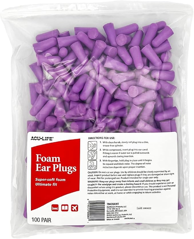 Acu-Life Foam Ear Plugs (100 Pair), Super-Soft Ear Plugs for Sleeping, Snoring, Noise, Ideal for Studying and Traveling, Ultimate Fit, Purple