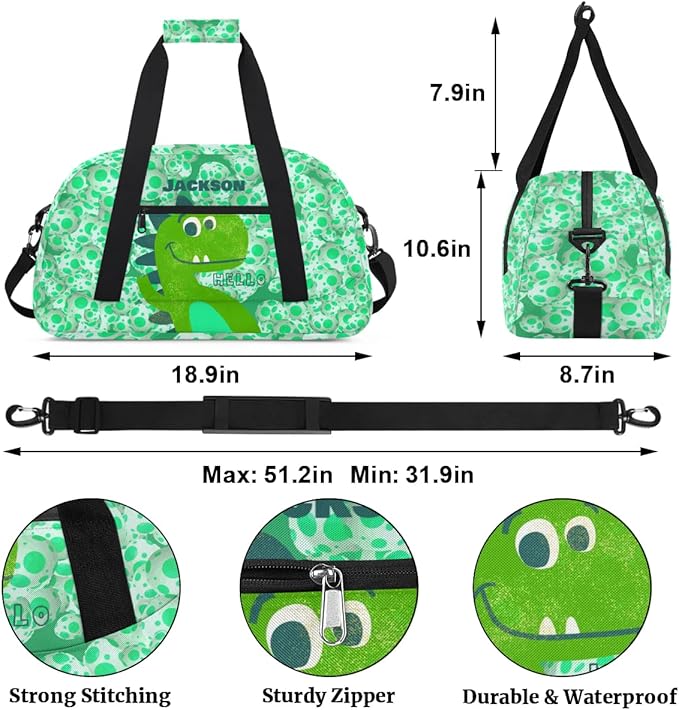 Personalized Duffel Bag for Kids Girls Boys, Dinosaur Custom Name Gym Bag Overnight with Padded Handles Carry On Weekend Sports Travel Bag for School Practice Gymnastics Ballet