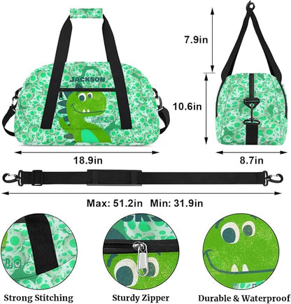 Personalized Duffel Bag for Kids Girls Boys, Dinosaur Custom Name Gym Bag Overnight with Padded Handles Carry On Weekend Sports Travel Bag for School Practice Gymnastics Ballet