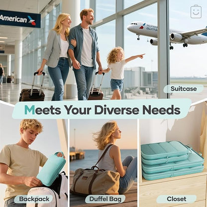 Veken 11 Set Compression Packing Cubes for Travel Essentials,Compressible Expandable Large Luggage Suitcase Organizer Bags for Clothing,Durable Space Saver Storage Bags with Toiletry Bags(Blue Green)