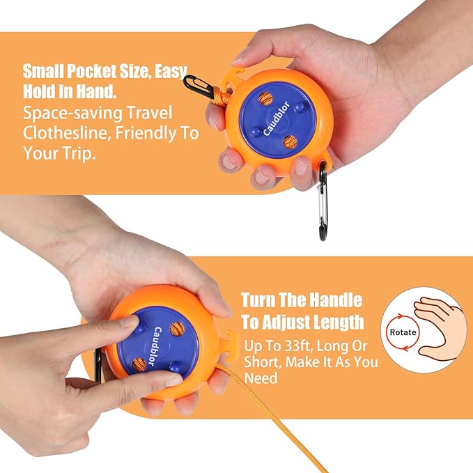 Portable Travel Clothesline Cord, Caudblor Adjustable 33ft Camping Clothes line, Laundry Drying Rope for Hotel Trip, Cruise, Outdoor/Indoor, with 12Pcs Stoppers, Windproof Clothespins