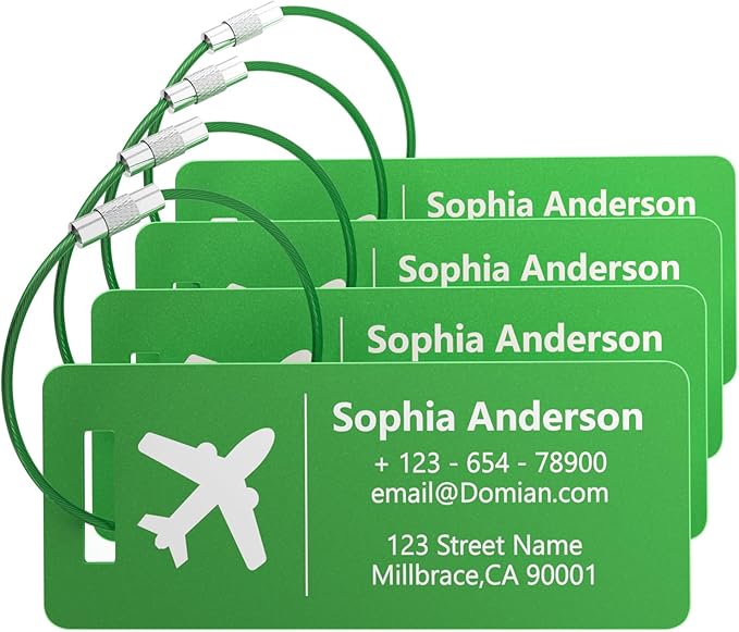 4 Personalized Metal Luggage Tags, Laser Engrave Name and Logo, Custom Aluminum Suitcase Tags with Steel Ring, for Travel, Backpack, Baggage (Green)
