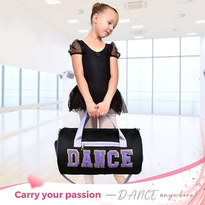 Dance Bag for Girls, KUIRAN 23L Waterproof Travel Duffel Bag with Colorful Chenille Letter, Lightweight Small Gym Sport Ballet Bag Weekender Bag with Large Main Compartment - Black/Purple