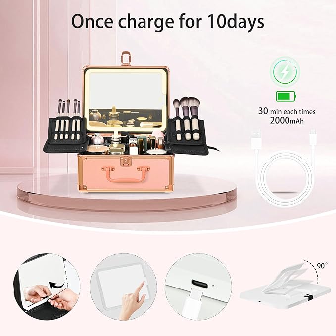 Rose Gold Makeup Case with Lighted Mirror, Detachable LED Mirror, Travel Makeup Train Case, Waterproof Cosmetic Organizer, Standing Makeup Brush Holder, Gift