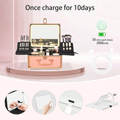 Rose Gold Makeup Case with Lighted Mirror, Detachable LED Mirror, Travel Makeup Train Case, Waterproof Cosmetic Organizer, Standing Makeup Brush Holder, Gift