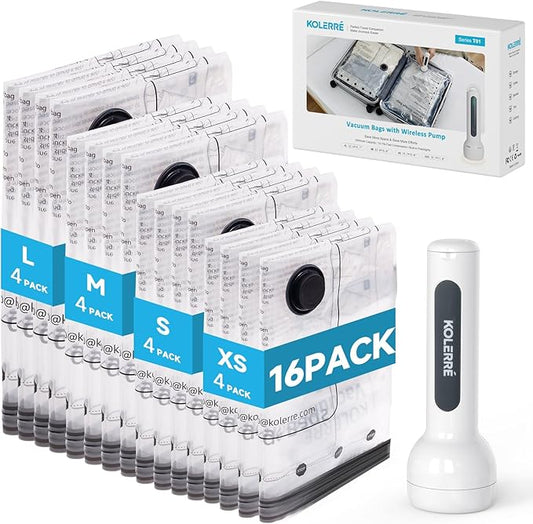16 Pack Travel Vacuum Bags with Upgraded Rechargeable Pump, 4 Sizes Space Saver Vacuum Storage Bags for Luggage and Suitcase, Compression Bags for Packing, Vacuum Seal Bags for Clothing Travel