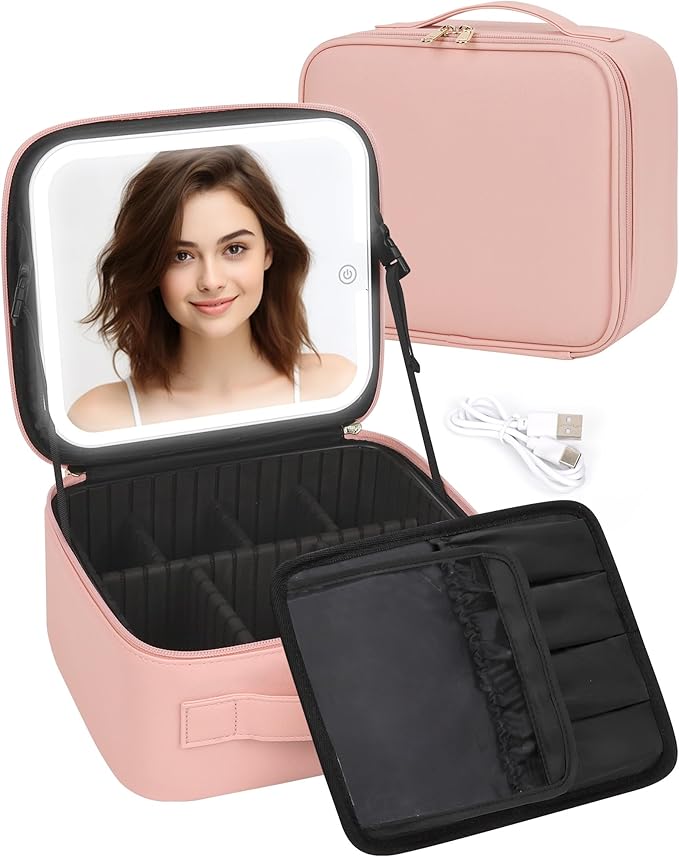 TANTO Makeup Bag With LED Mirror, Travel Makeup Case with Light up Mirror Large Cosmetic Case with 3 Color Lighted Portable Professional Organizer Bag with Adjustable Dividers（Pink）