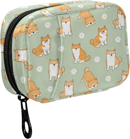 Fustylead Cute Cartoon Shiba Inu Dog and Daisy Flower Pill Organizer Travel Portable Zipper Cloth Bag for Holding Weekly Supplements Vitamins and Fish Oils