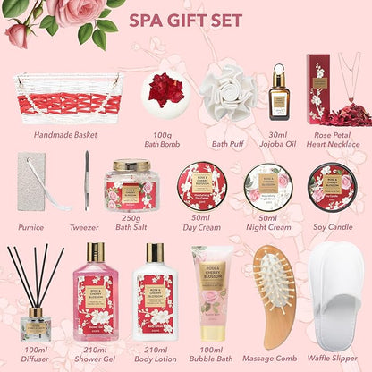 Christmas Gifts for Women - 19-Piece Luxury Rose & Cherry Blossom Spa Gift Basket Set Bath and Body Gift Sets Care Kit with Necklace | Valentine's Day, Mothers Day Gifts Baskets for Mom, Wife