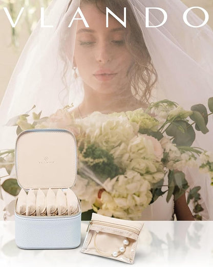 Vlando Small Jewelry Organizer,Travel Jewelry Case with 6 Velvet Jewelry Zipper Bags for Girls,Ideas Gifts for Christmas Wedding,Birthday,Graduation-Baby Blue