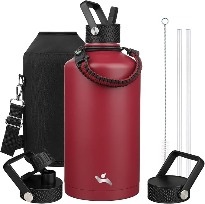 Gallon Insulated Water Bottle with Straw,128 oz 3 Lids Water Jug with Carrying Bag,Paracord Handle, Double Wall Vacuum Stainless Steel Metal Flask,Dark Red