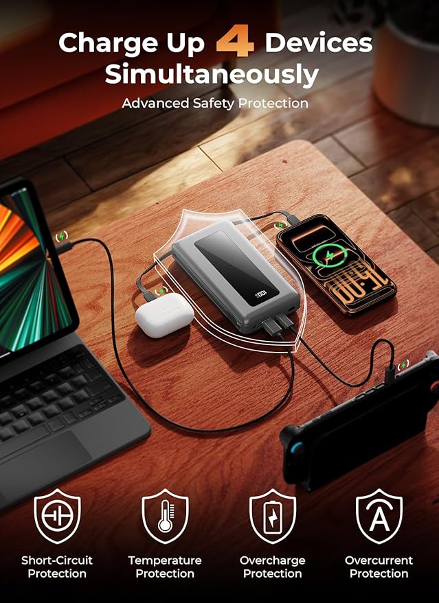 Portable Charger Power Bank, 50000mAh Travel Camping Essential Battery Pack with Built-in Cables, PD 22.5W Fast Charging, Large Capacity Portable Phone Charger for iPhone, Light Grey