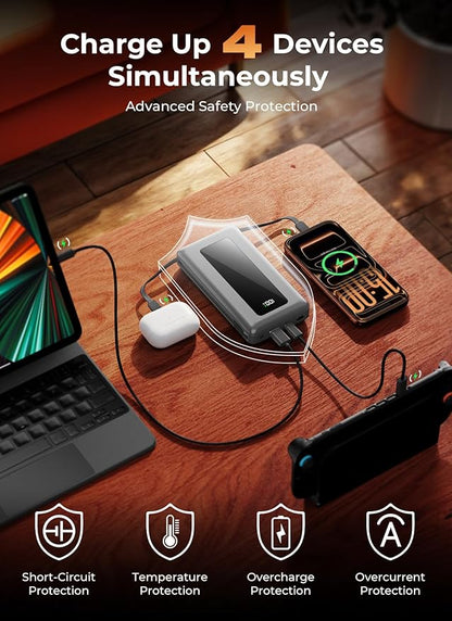 Portable Charger Power Bank, 50000mAh Travel Camping Essential Battery Pack with Built-in Cables, PD 22.5W Fast Charging, Large Capacity Portable Phone Charger for iPhone, Light Grey