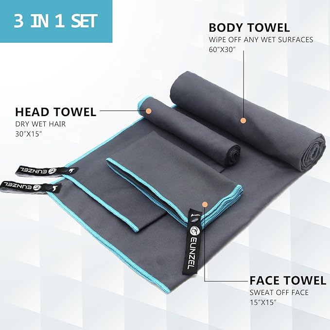Eunzel Quick Dry Camping Towel, Microfiber Travel Towel 3 Size at 1 Pack,Fast Drying Towel Set for Camping, Beach, Gym, Sports, Yoga & Swimming Pool, Grey